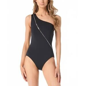 NEW MICHAEL KORS zip front one shoulder one piece swimsuit in black